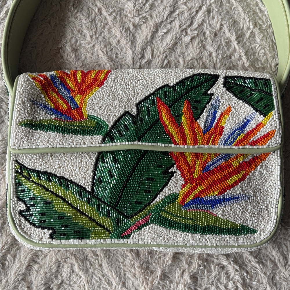 STAUD White Beaded Shoulder Bag with Green Leaves and Orange Floral Accents - Picture 4 of 9